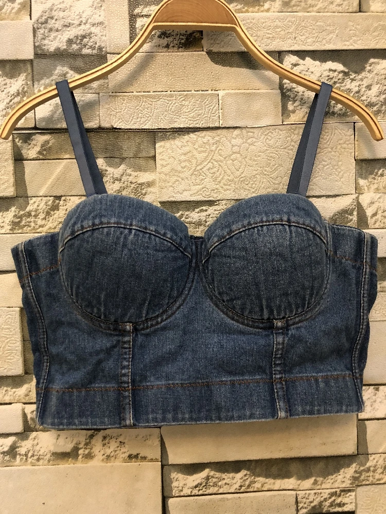 

European Fashion Lady Casual Style Slim Fitted Denim Corselets Tops 2019 Young Girls Simple Design Denim Corset Bra Tops