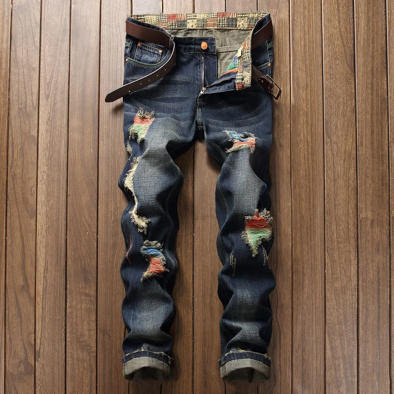 Men's Personality Painted Jeans on The Streets of Europe and United States Pierced Straight-tube Distressed | Мужская одежда