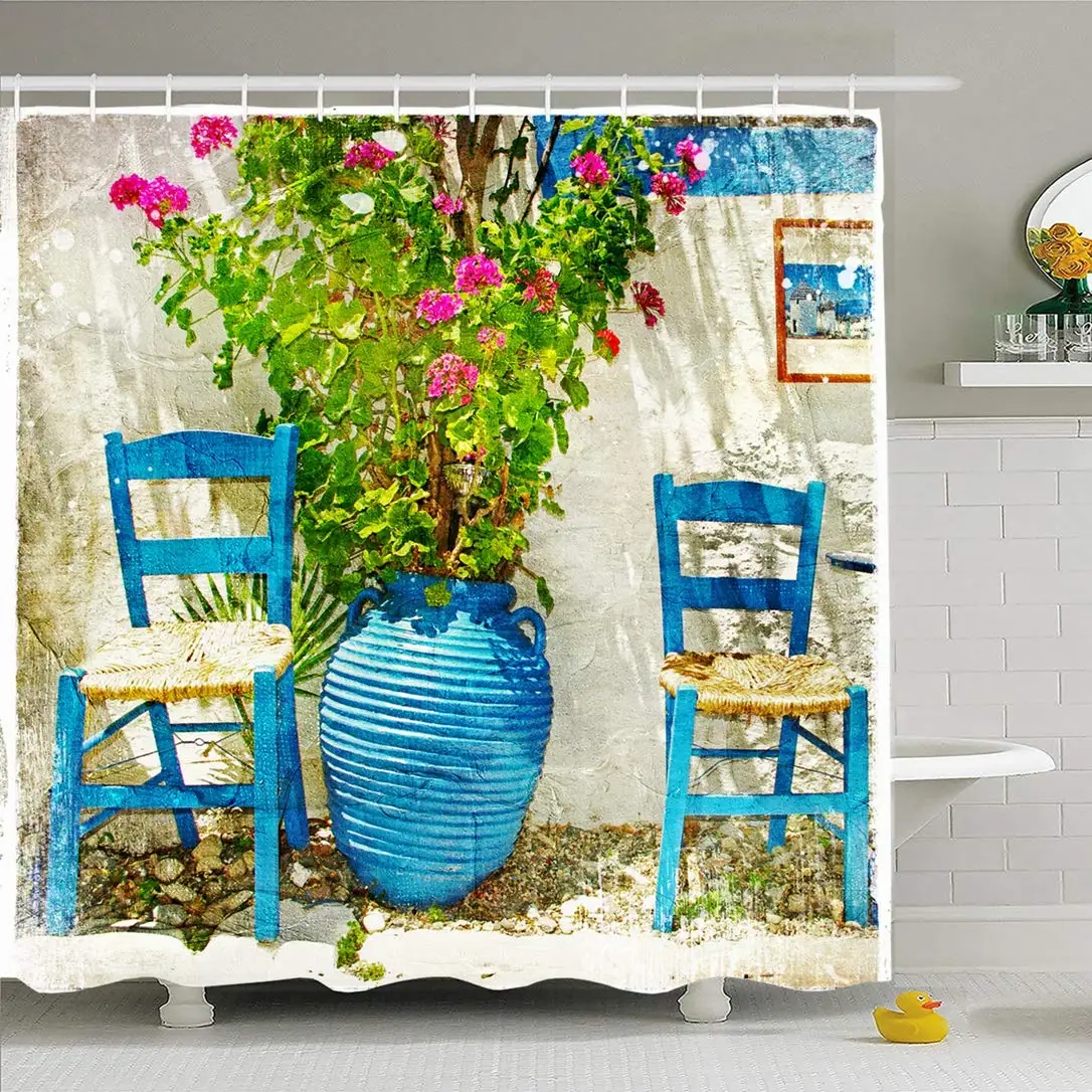 

Shower Curtain Set with Hooks 66x72 Traditional Backstreet Greece Series Door Retro Artwork Miscellaneous Details Exterior