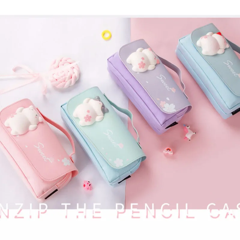 Cute Cat Decompression Pencil Case Big Pencil Box Portable Girls Pen Bag Double Layer School Pouch Kawaii Stationery Pensil Case