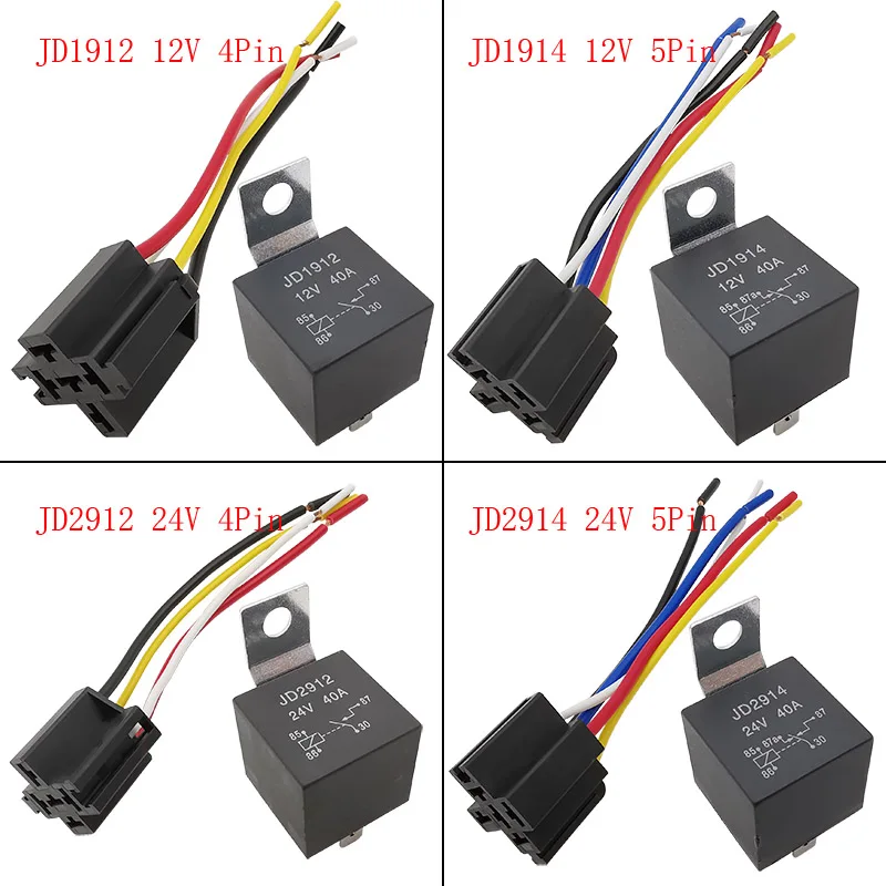 1Pcs JD1912 JD1914 JD2912 JD2914 Automotive Relay Car Relay 12V 40A 4 Pins 5 Pins Waterproof Auto Relay With Socket Wire Harness
