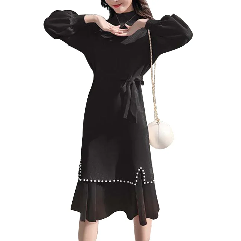 

NORMOV 2019 Fashion Women Winter Knit Dress Long Sleeve Turtleneck Casual Slim Warm Sweater Solid Color Beading Waist Dress