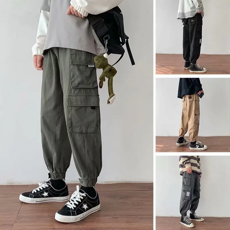 

Spring And Summer Multi-pockets Bib Overall Men Hong Kong Style Popular Brand Casual Ankle Banded Pants INS Teenager Capri Skinn