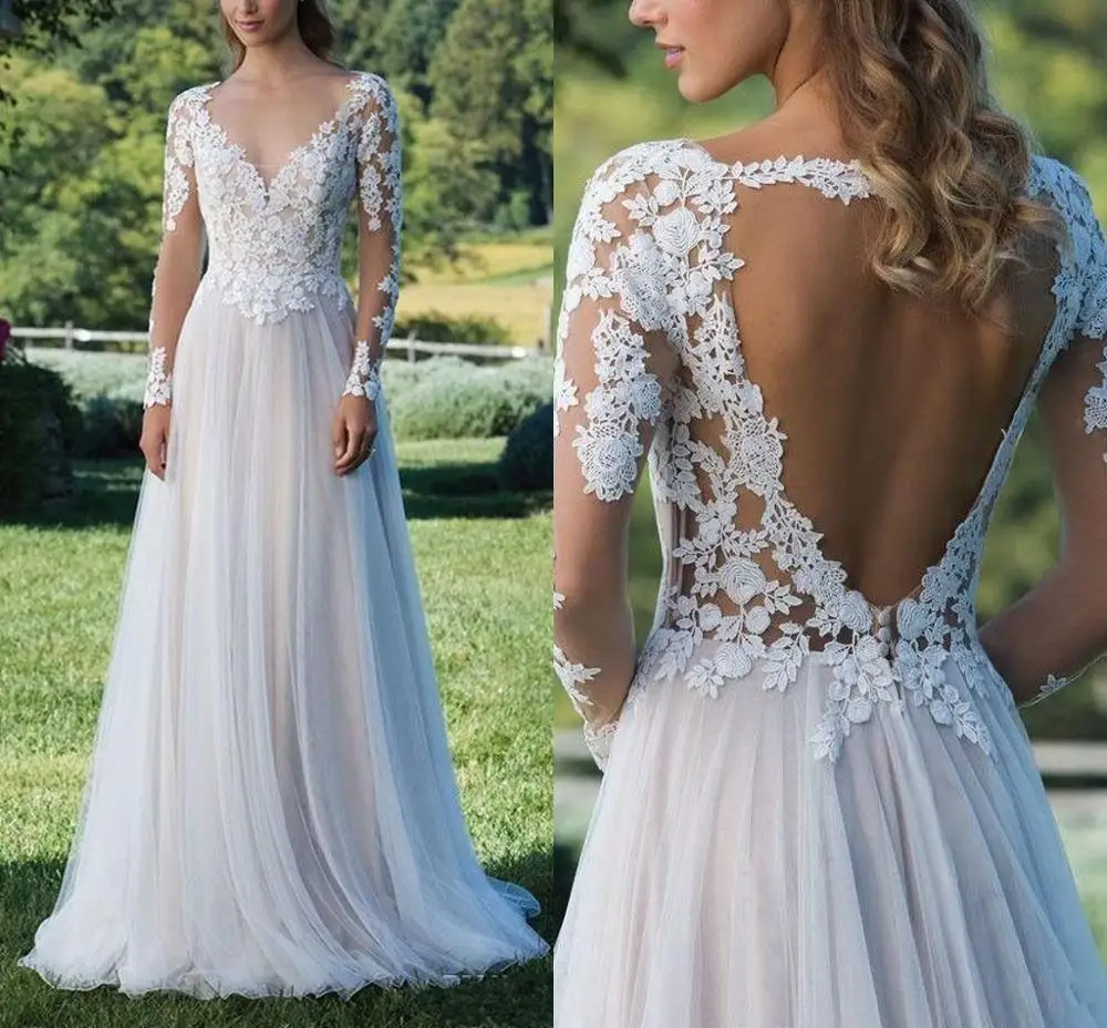 

2020 Simple Long Sleeves Lace Boho Wedding Dresses Backless Applique Bridal Gown Custom Made Beach Tulle robe de mariee