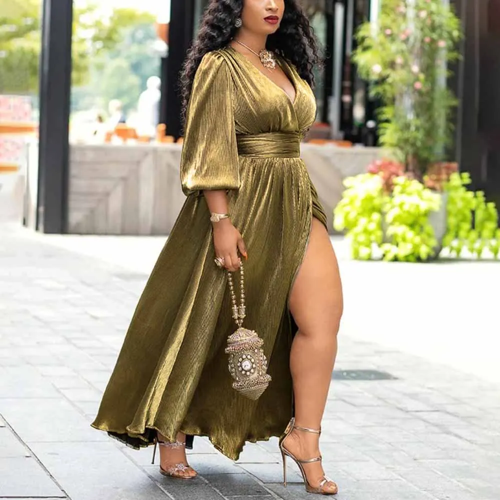 

Sexy Split Dress Women 2020 Autumn Golden Deep V Neck Sashes Maxi Dresses Retro Club Dinner Long Robe Plus Size Vestidos 2XL