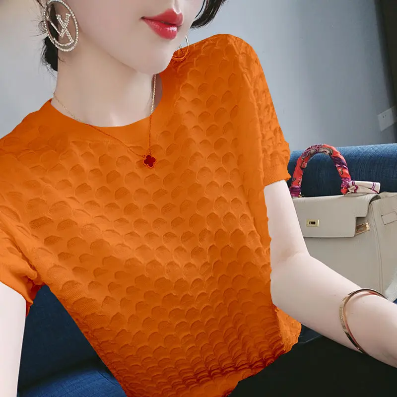 

2021 Summer Ice Silk Knitted Short Sleeve Women Thin Loose Skinny Large Size Hollow Backing Shirt Student Korean Jacket