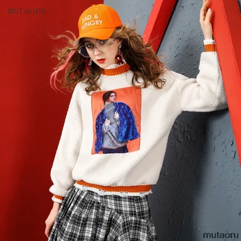 

Fashion New Print Beaded Lambswool Sweatshirt Women Personality Hole Knitted Patchwork Long Sleeve Pullover Tops