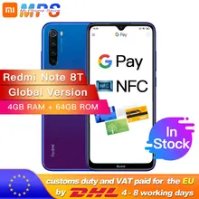 Xiaomi Redmi Note 8T с глобальной версией, 4 ГБ, 64 ГБ, NFC, восьмиядерный смартфон Snapdragon 665, 6,3 дюйма, 48 МП, четыре тыловая камера, 18 Вт