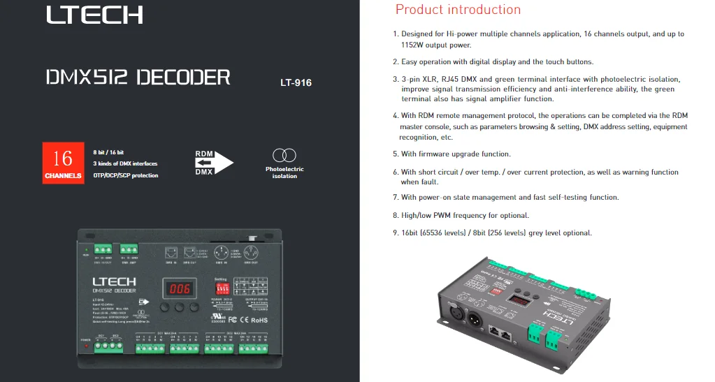 DMX-PWM декодер; RGB/RGBW декодер XLR-3/RJ45/зеленый порт терминала 16 каналов DMX декодер DC12-24V вход; 3A* 16CH