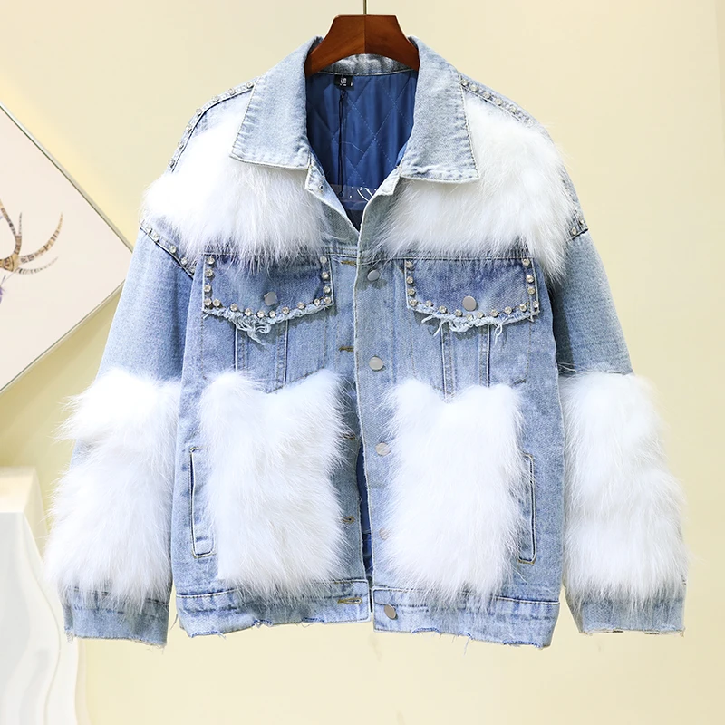 Autumn and Winter Cotton Coat Female Fox Hair Spliced Thickened Jeans Jacket Womens Warm Denim Jackets Women's Cowboy Parka Tops