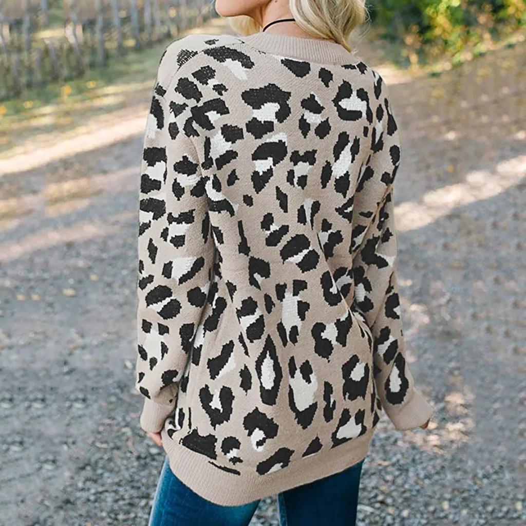 Jaycosin Fashion Casual Lady Leopard Sweater Chic Stylish Comfortable Soft Elegant Loose V-Neck Fit Tops Blouse sweater