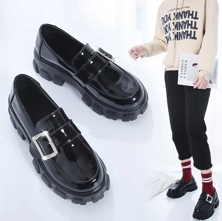

CHIC Leather Shoes INS Women's Slip-on 2019 Autumn New Style Students Versatile British Style Thick Bottomed Black Single-layere