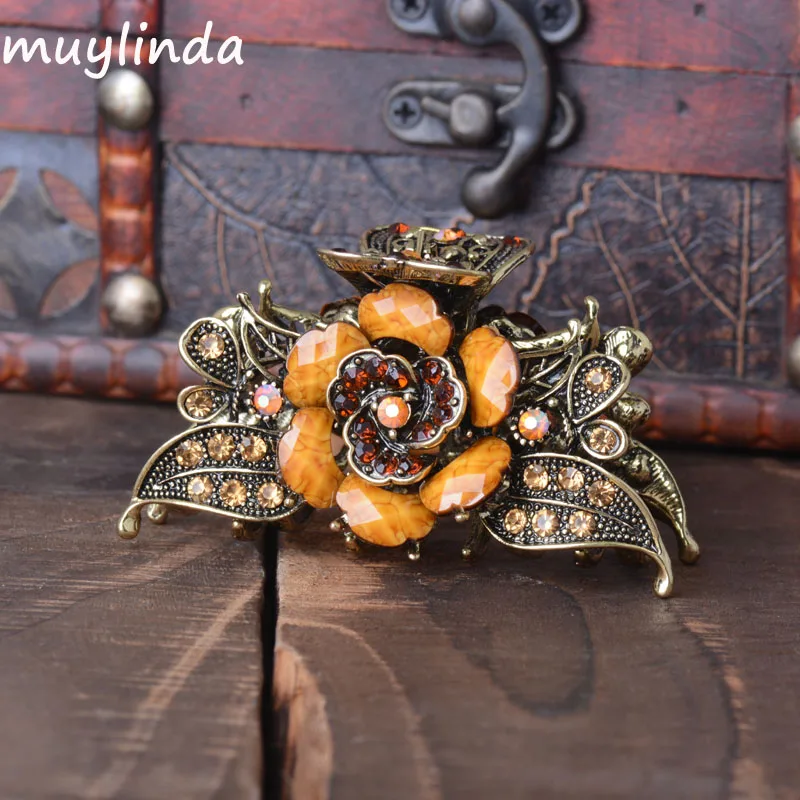 Vintage Hair Jewelry Antique Metal Flower Hair Claws Rhinestones Clip For Women Girls