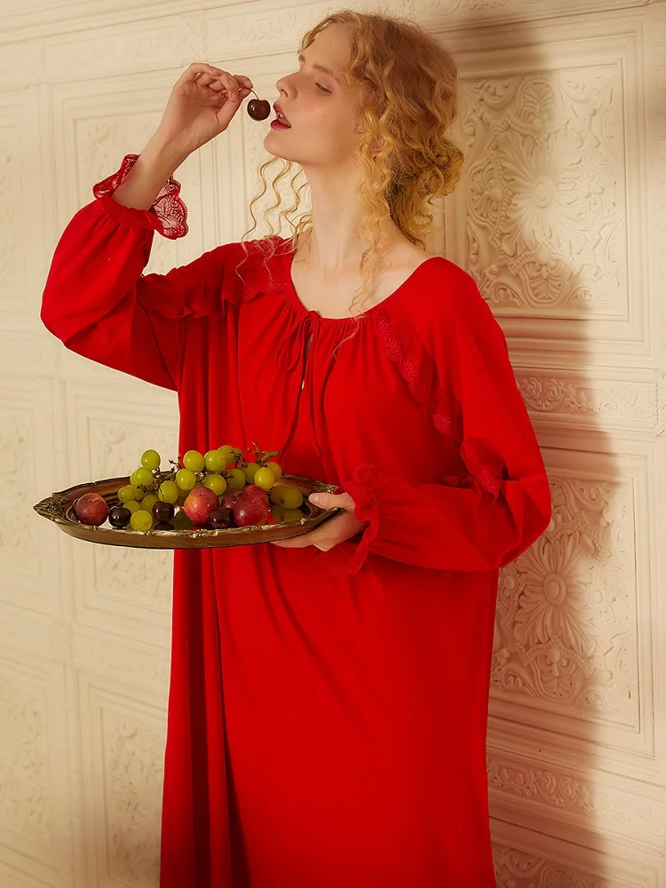 Винтажные хлопковые красные женские длинные ночные рубашки, свободные плюс ночные рубашки, элегантные осенние весенние удобные пижамы