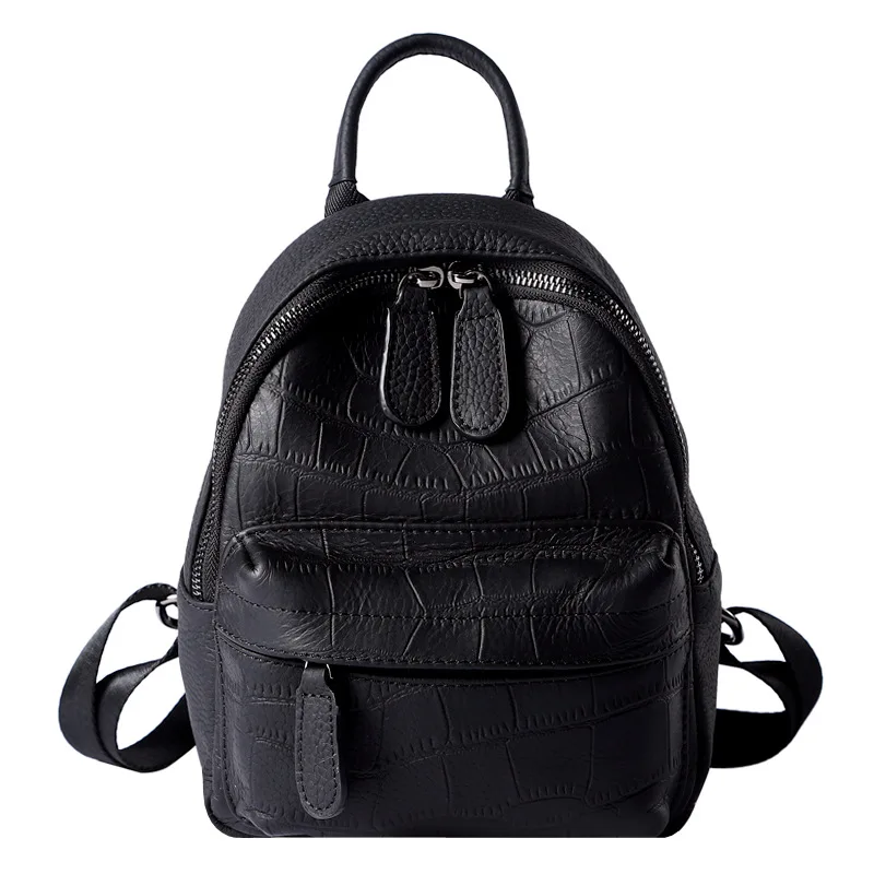 

Ougger Small Women's Leather Backpacks Cow Leather Black Genuine Leather Japan and Korean Style Alligator for Business