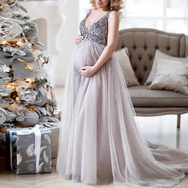 Sexy Maternity Shoot Dress Sequins Tulle Pregnancy Photography Dresses Sleeveless Maxi Gown For Pregnant Women Long Photo Prop (1)