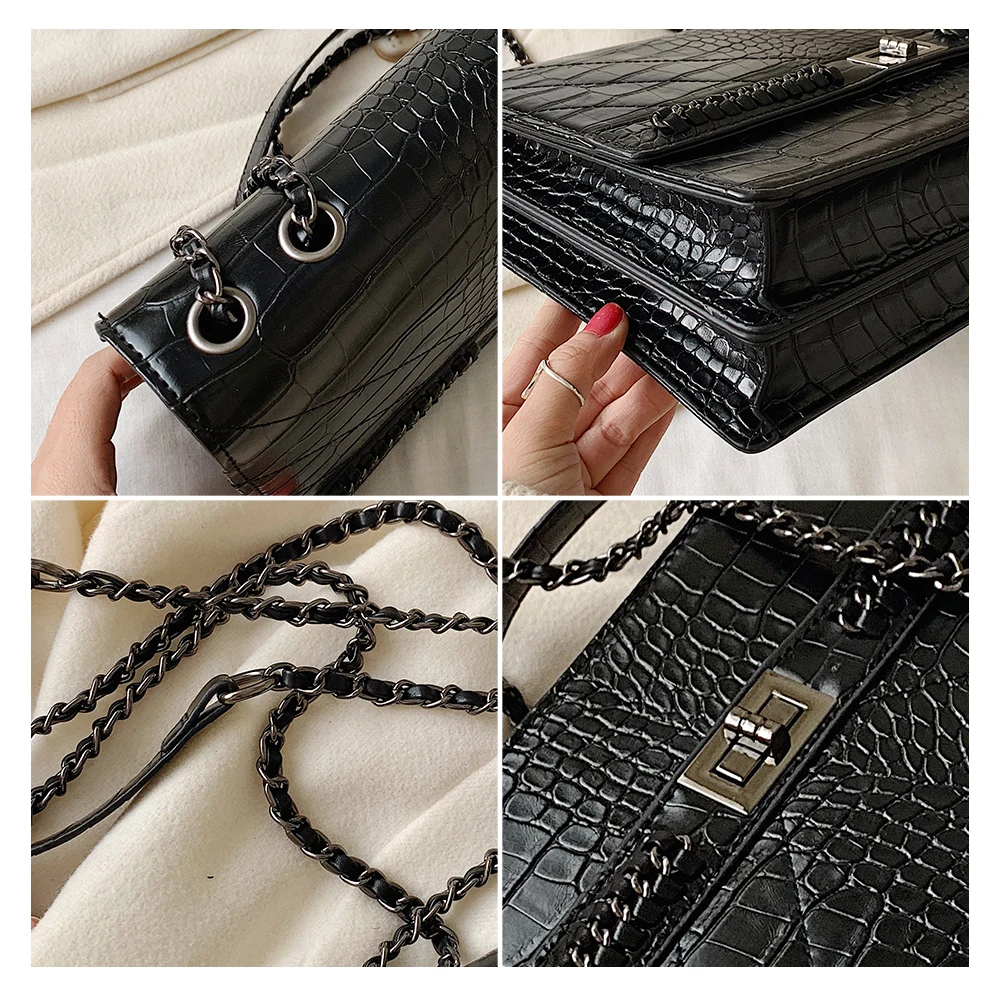 Crocodile Pattern Women Crossbody Bags Trendy Chain Female Simple Shoulder Bag Leather Solid Color Elegant Lady Messenger Bag
