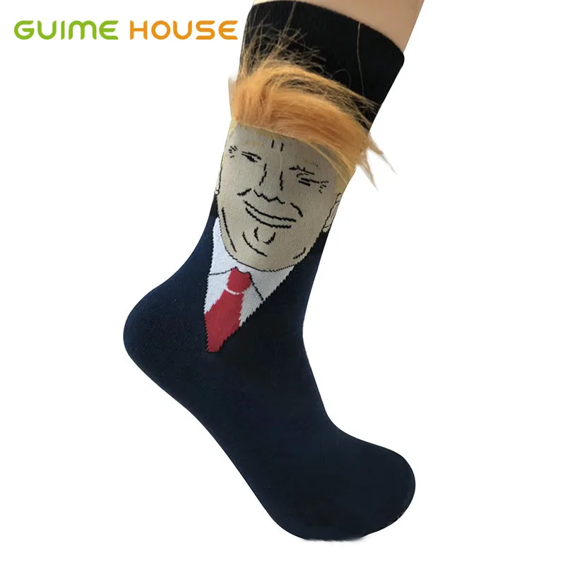

GUIME HOUSE President Donald Trump Socks Men Unisex Funny Print Adult Casual Soft Cotton Socks 3D Fake Hair Skateboard Crew Sock