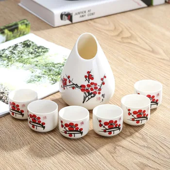 

High quality Chinese wine Pot set,Handmade Ceramics Pottery Porcelain 1 Sake Pot + 6Sake cup,Handpainted Ceramics Sake Wine Pot