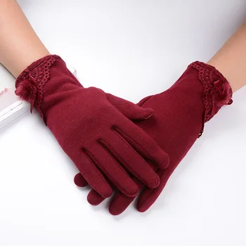

Suede Touch Screen Gloves Female High-end Luxury Solid Color Mittens Outdoor Riding Warm Surface with Lace Hair Ball Decoration