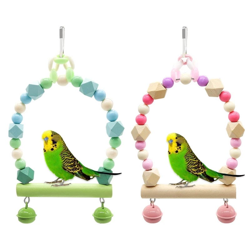 Wooden Bird Swing Perch Parrot Chewing Hanging Toys with Bells Pet