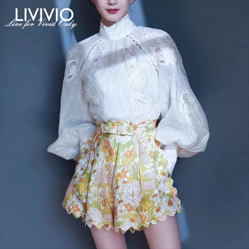 [LIVIVIO] белая кружевная блузка с цветочной вышивкой и длинным рукавом-фонариком, женская рубашка, топы, Женская Осенняя корейская мода