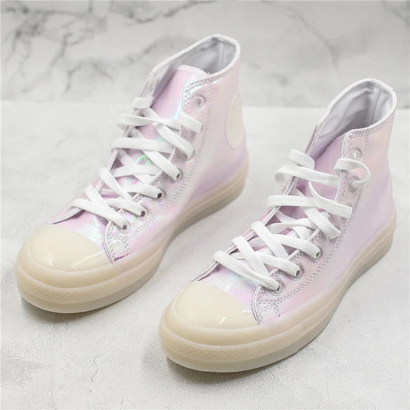 

Laser colorful net red new product summer and autumn chameleon shell powder jelly bottom high canvas casual shoes fairy shoes