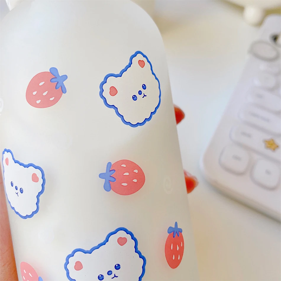 Hot 320ml Kawaii Strawberry Bear Glass Water Bottle For Girls Kids Adult Milk Juice Straw Cup Frosted Leakproof Drinking Bottles