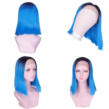 

Synthetic lace front wig blue black pink root short wigs women purple cosplay heat resistance Stright hair MUMUPI