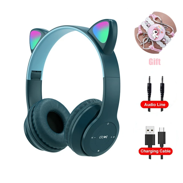 Pink Girl Wireless Headphones RGB Cute Cat Ears Headset With Microphone Noise Cancelling Kid Stereo Music casco Children's Gifts Green Set