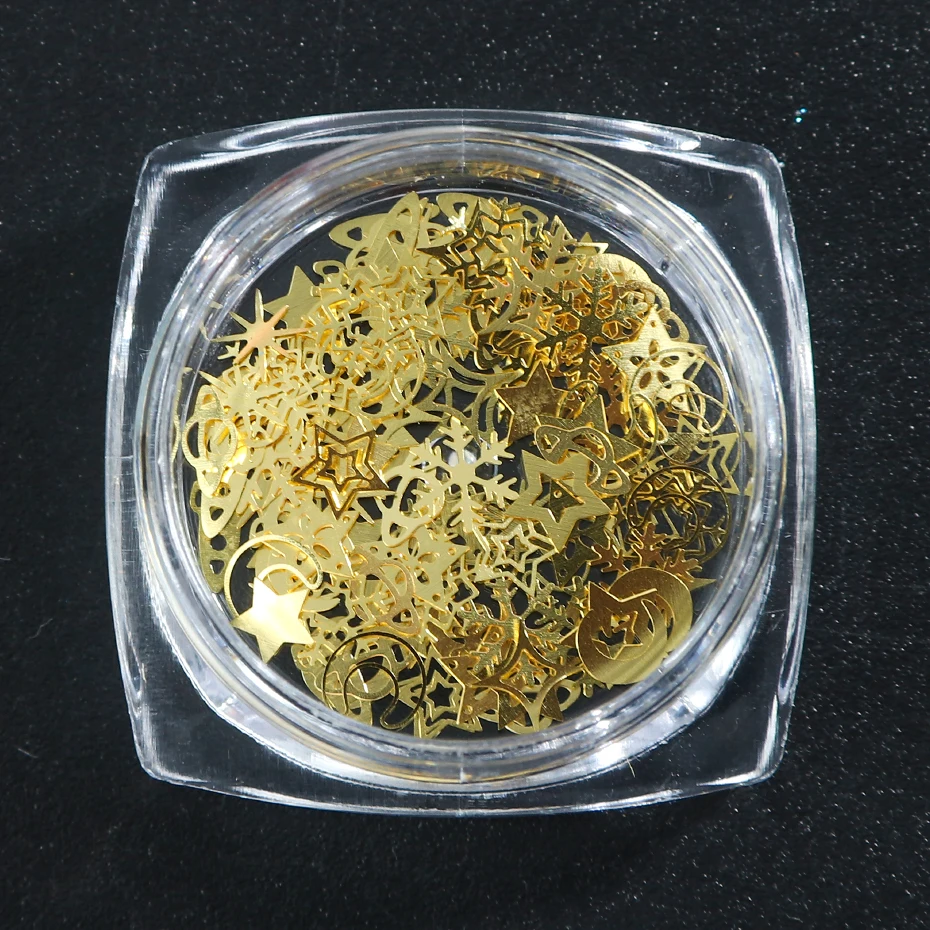 120pcsbox 3D Alloy Flakes Nail Art Decorations Gold Star Moon Snowflake Metallic Sequins Paillete Manicure Accessories BE970-C (7)