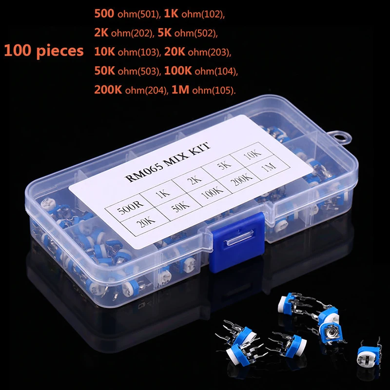 100PCS/set RM065 Carbon Film Horizontal Trimpot Potentiometer Assortment Kit 10 Values Variable Resistor 500R - 1M | Инструменты