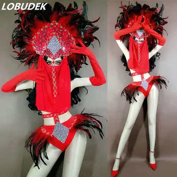 

Nightclub Bar Stage Outfit For Singer Dancer Sexy Rhinestones Bikini Red Masked Feather Headdress Performance Clothes DJ Costume