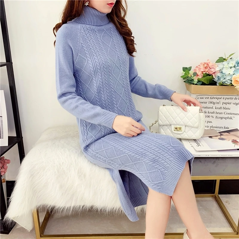 

Korean Autumn Knitted Dress Women Sweater Dresses Woman Turtleneck Sweaters Dress Elegant Women Stretch Sweaters Split Dresses