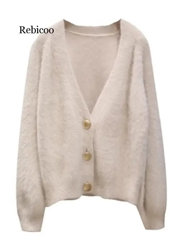 

Mohair Sweater Women Cardigans Winter V-neck Soft Knitted Tops Outwear solid White Brown Casual Woman Knitwear Sweaters