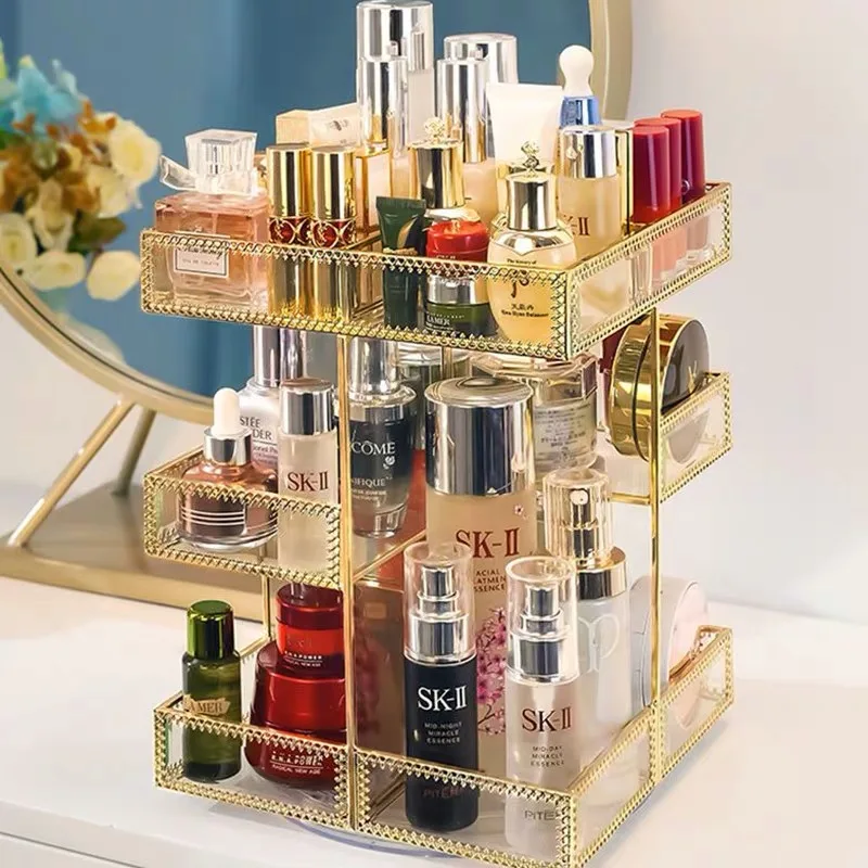 US $19.99 Antique Spacious Mirror Glass Cosmetic Storage Cube Set with 3 Tier Dustproof Drawers Vanity TrayGold Metal Makeup Storage