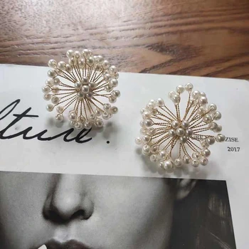 

2020 Korean Fireworks Simulated Pearl Flower Drop Earrings Exaggerate Hand-bead Statement Earrings For Women Students Jewelry