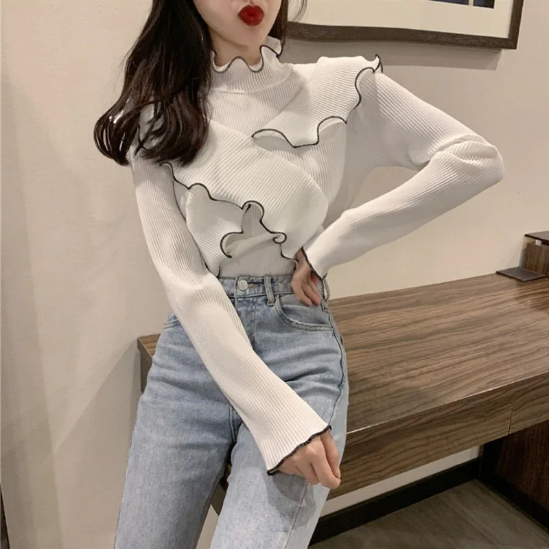 

Elegant Tee Shirt Women Long Sleeve Top Ruffle Trim Mock-neck Form Fitting Black T-shirt Rib Knit Ladies Tops and Tees