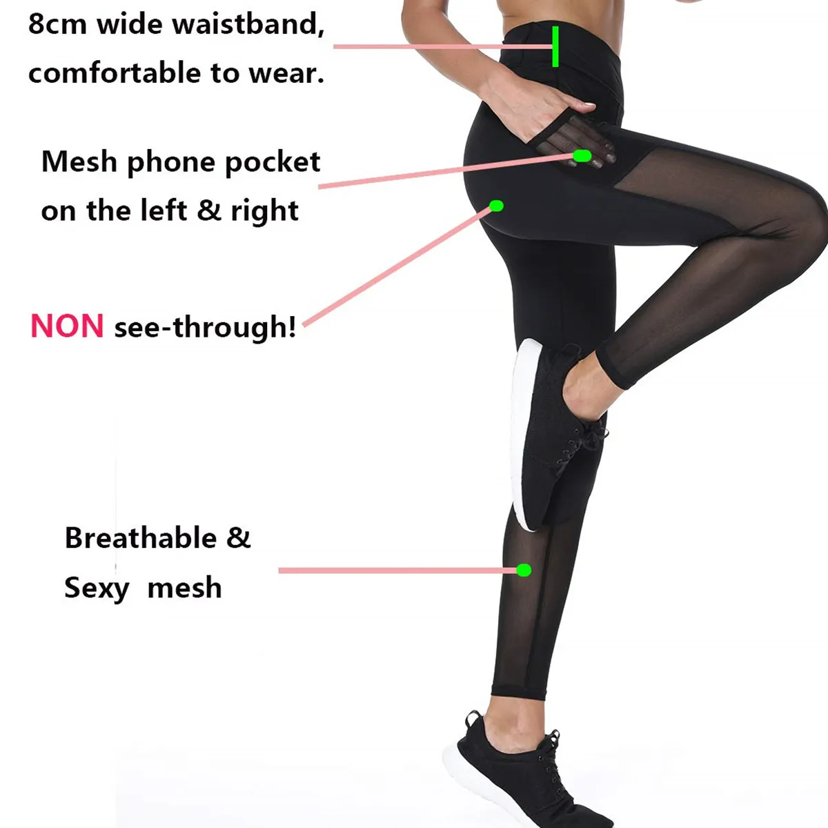 High Waist Workout Mesh Leggings Women Body Shapers with Pockets Gym Fitness Trousers Running Sports Slim Pants Stretch Black