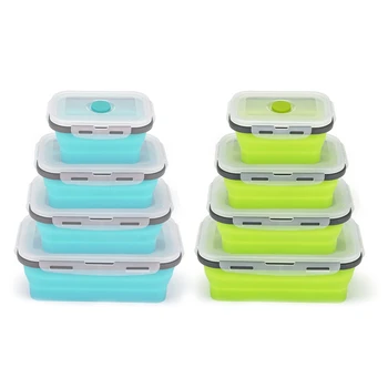 

8 Pcs Set Foldable Silicone Food Lunch Box Fruit Salad Storage Food Box Container Dinnerware Conveniently Lunch Box , 4 Pcs Gree