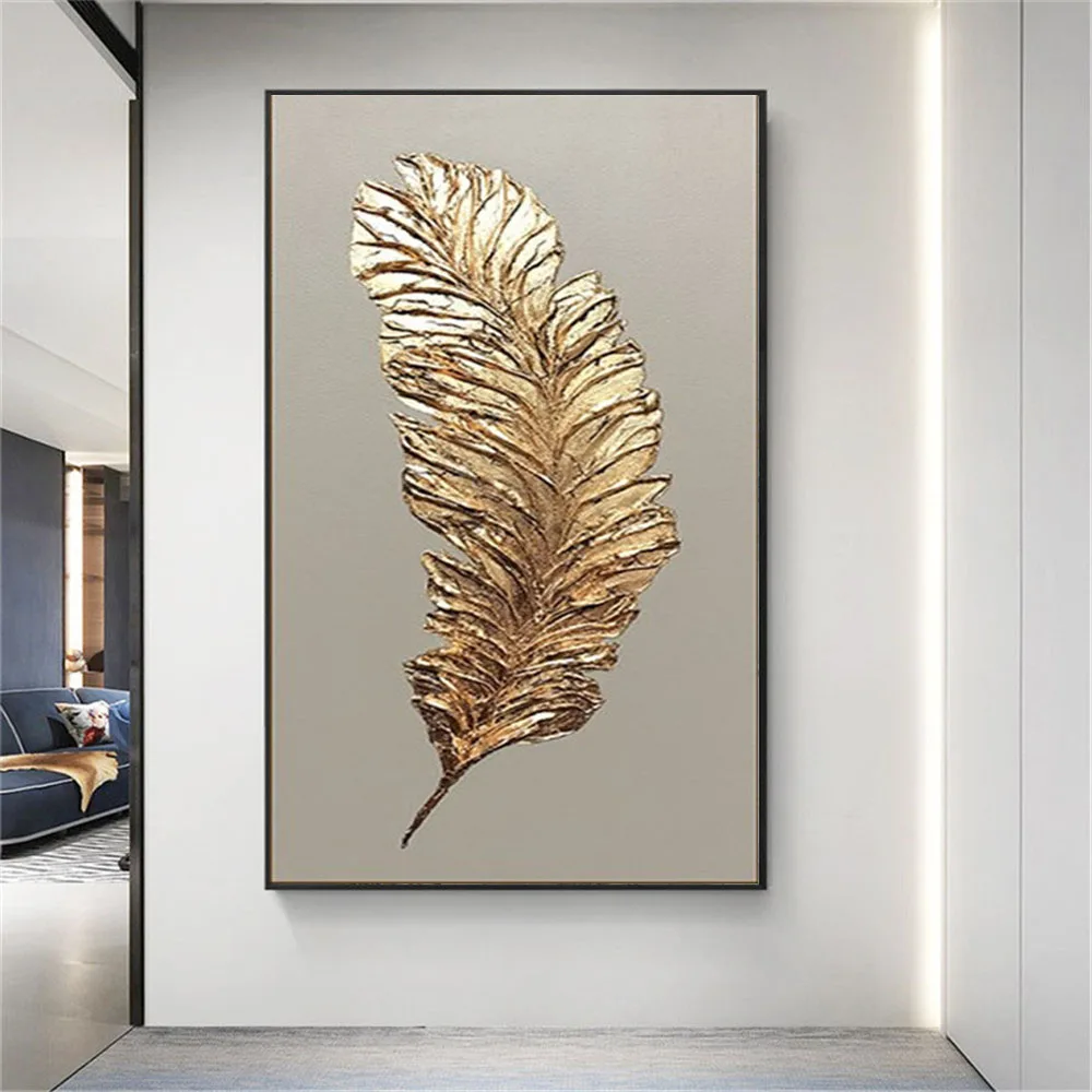 

Pure hand-painted golden feather modern abstract oil painting home decoration painting wall art wall chart Southeast Asian style