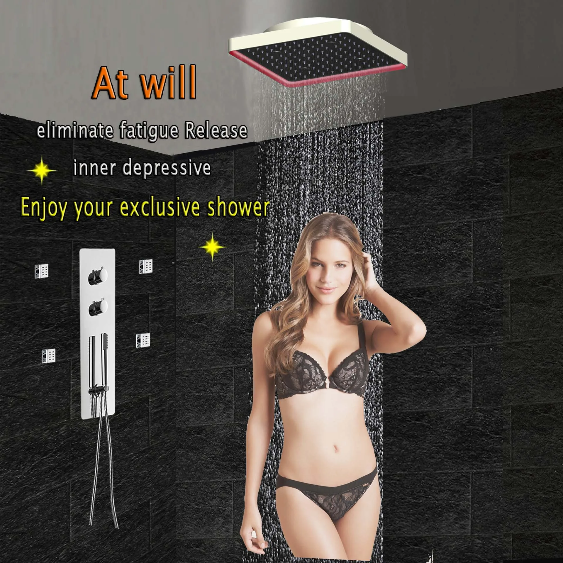 Bathroom Concealed Thermostatic Shower Set Panel Mixer Faucet LED Ceiling Shower Head 300x300 Rain Mist Massage jets LF5282 Bathroom Concealed Thermostatic Shower Set Panel Mixer Faucet LED Ceiling Shower Head 300x300 Rain Mist Massage jets LF5282