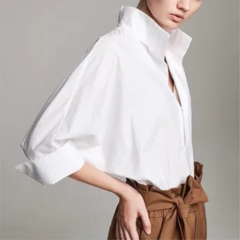 

French Style Chic Office Lady Cotton White Shirt Female Autumn Oversized Silhouette Blouse Women's Clothing Loose Elegant Top