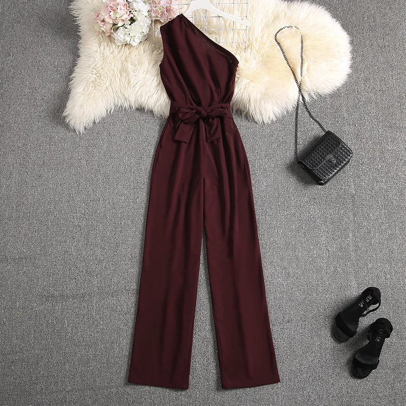ALPHALMODA Oblique Shoulder Outfit Sashes Solid Color Slim Fit Ladies Elegant Party Jumpsuit Summer Fashion Rompers ALPHALMODA Oblique Shoulder Outfit Sashes Solid Color Slim Fit Ladies Elegant Party Jumpsuit Summer Fashion Rompers