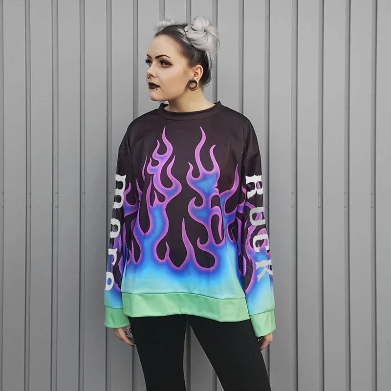 GBYXTY Strweetwear с принтом пламени, Повседневная Толстовка, новинка, Осень-зима, круглый вырез, длинный рукав, Harajuku, толстовки, женские пуловеры, ZA1804
