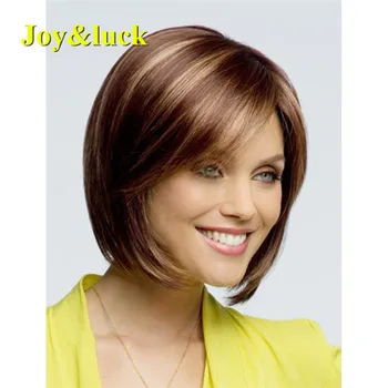 

Joy&luck Short Wig Straight Bob Ombre Brown Synthetic Wigs for Women Hair Wig With Bangs Full Wig Cosplay Wigs or Daily Hair