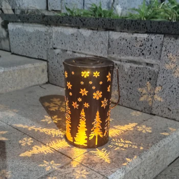 

Solar Lantern Outdoor Hanging Lights Decorative Retro Metal LED Christmas Tree Snowflake Hollow Pattern Patio Yard Pathway Black