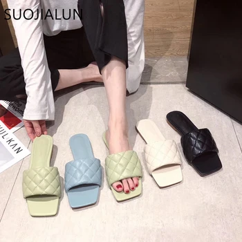 

SUOJIALUN 2020 New Summer Woven Slippers Open Toe Outsides Beach Fashion Brand Sandal Flat Casual Flip Flop Slip On Slide Sandal