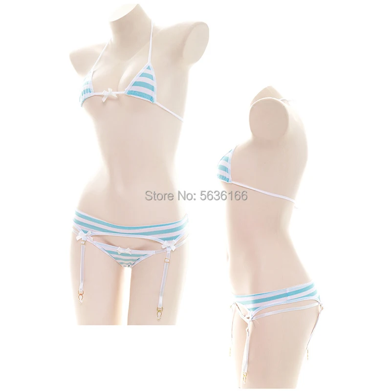 Lingerie sexy giapponese Lolita Kawaii Blu Rosa Bianco a strisce Mini bikini Cosplay per adulti Costumi erotici Reggiseno da donna_voghion.com
