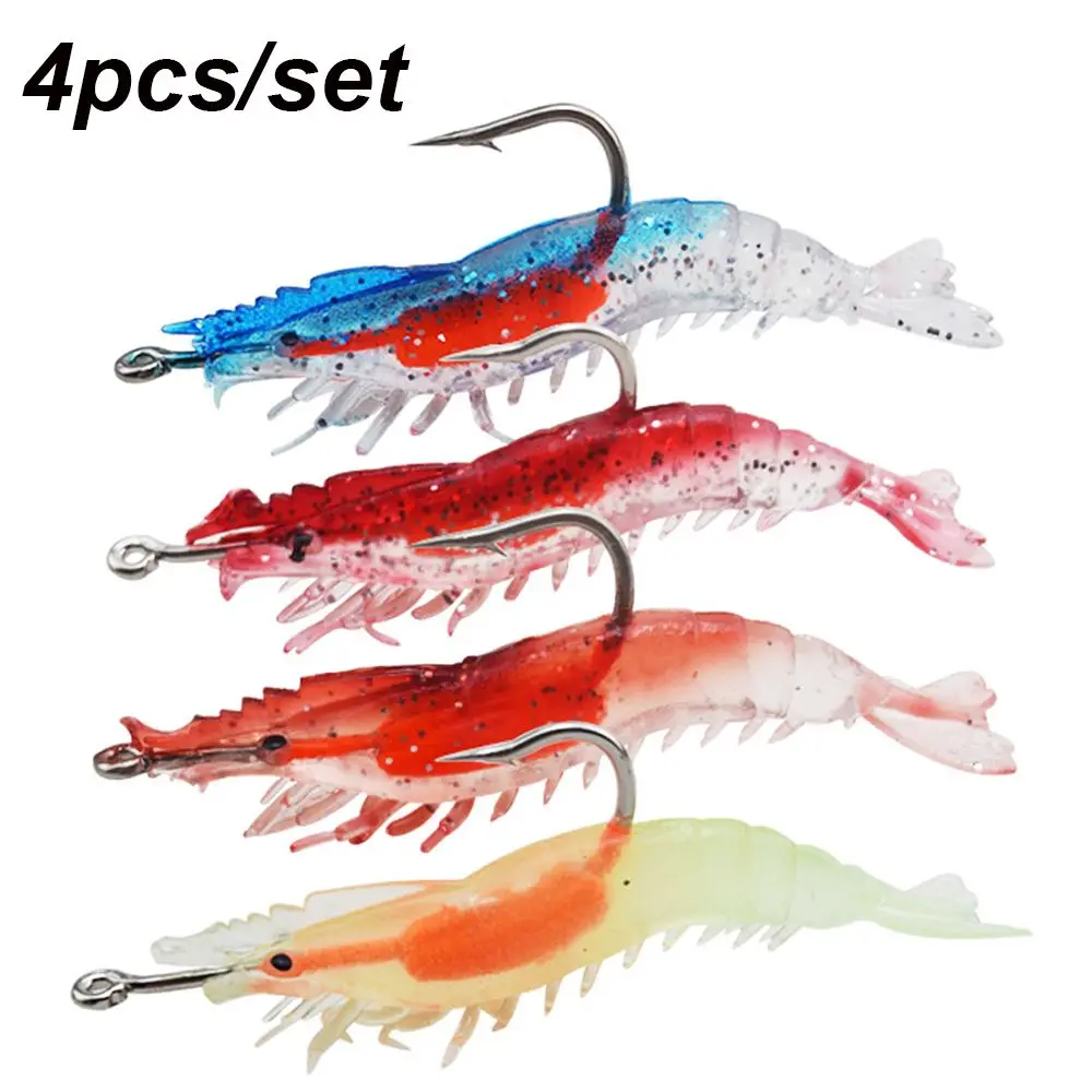 

4pcs Biomimetic Soft Shrimp Fake Bait Single Hook Fishy Smell Sea Fishing Hook Worm Silicone Luminous Prawn Lure